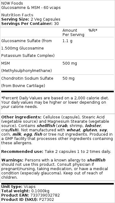 NOW Foods - Glucosamine & MSM - 60 vcaps - Slika 2