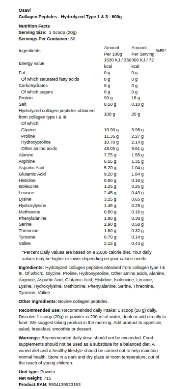 Osavi - Kolagenske peptide - Hidroliziran tip 1 & 3 - 600g - Slika 2